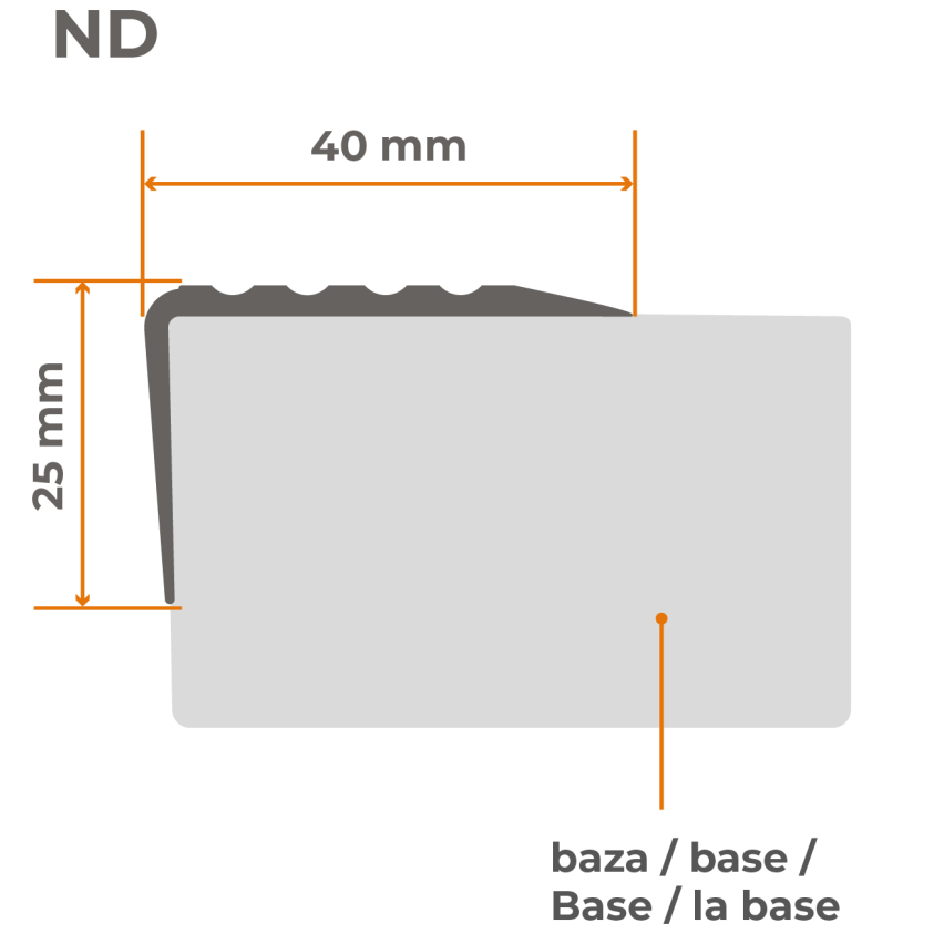 Lépcsőszegély profil, öntapadós, PVC, műanyag, csúszásgátló profil, szögprofil, 40x25mm, fekete és ezüst