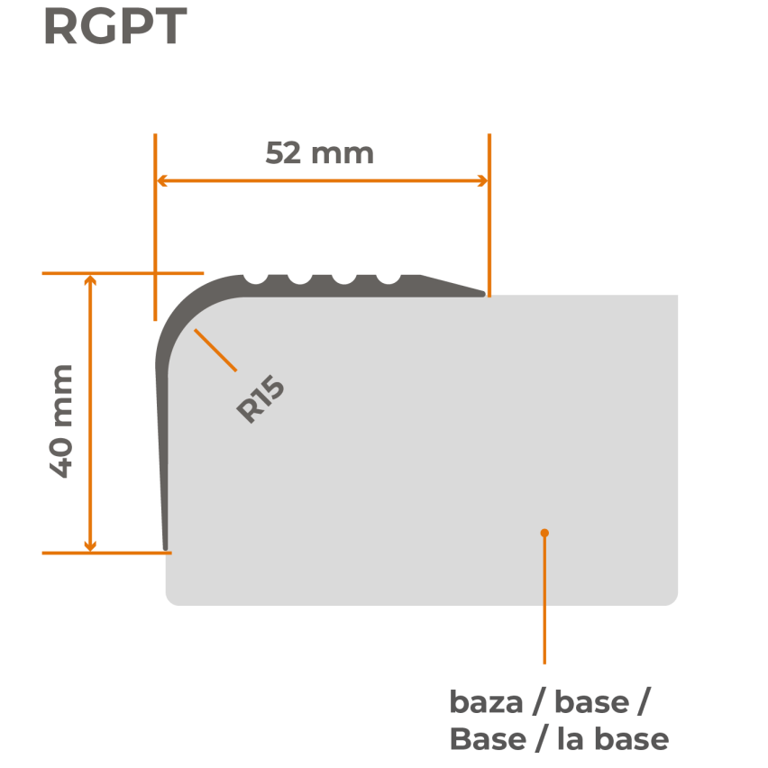 Csúszásgátló lépcsőprofil ragasztóval, 52x40mm, szürke